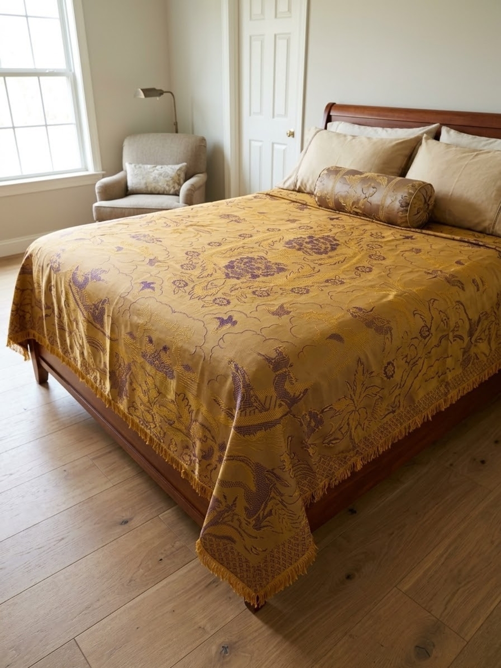 Grandmillennial Table Overlay Or MCM Brocade Bedspread Gold and Purple 86X40 In